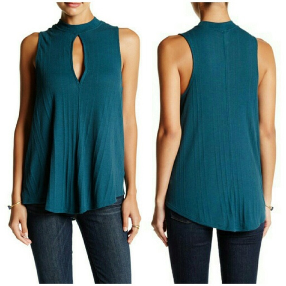 Free People Faye Ribbed Keyhole Turquoise Top